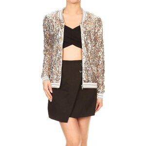 Brand New Women Champagne polyester Sequin Jacket Long Sleeve  Ribbed Cuffs